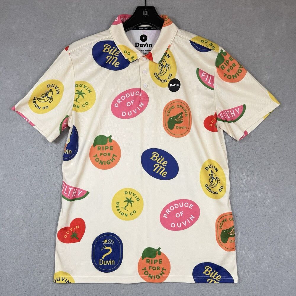 Duvin Fruit Label Golf Polo Shirt Men’s Size Medium Multicolored